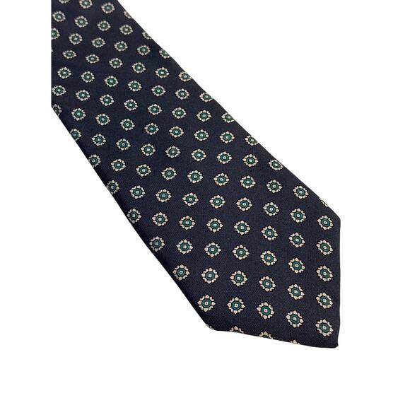 Vintage Made in California Silk Tie Navy Emerald Pattern 56” Long - Picture 1 of 6